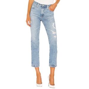 AG Adriano Goldschmied The Isabelle High Rise Straight Leg Denim Distressed Jean